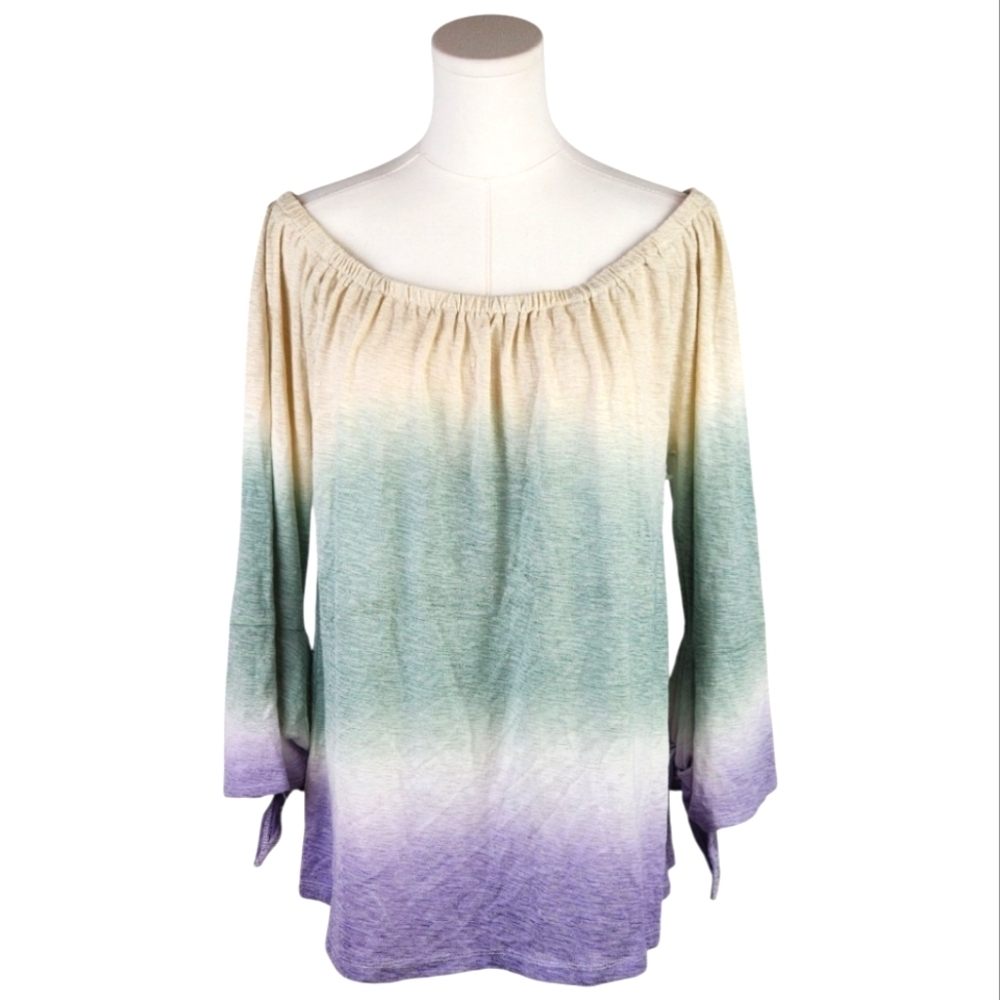 Seven 7 Ombre Off Shoulder Blouse M Boho Tie Sleeve Green Purple Flowy Top